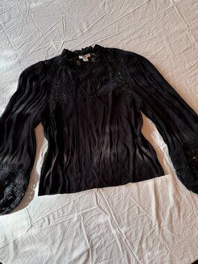 Othilia Anthropologie Black Lace Blouse XS Balloon Sleeve Ruffle Neck Goth Boho